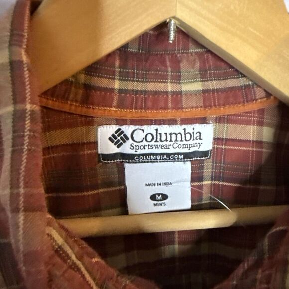 Columbia Men’s Med Flannel Shirt Red Orange Plaid Button Down Long Sleeve Grunge - Picture 3 of 6
